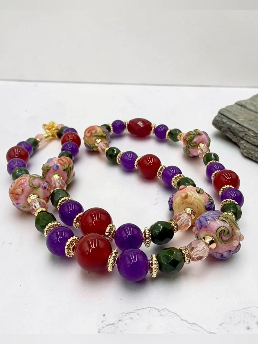 Artisan Handmade Amethyst Carnelian Lampwork Floral Necklace 20” Gold Floral Lux - Picture 16 of 17